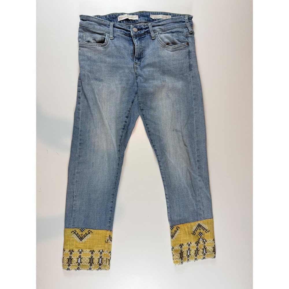 Pilcro and the Letterpress Light Blue Skinny Jeans with Yellow Embroidered Cuffs